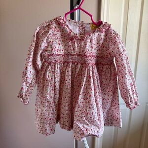 Five‎ Little Monkeys Kids Floral Smocked Dress Pink Red Long Sleeve Size 3
